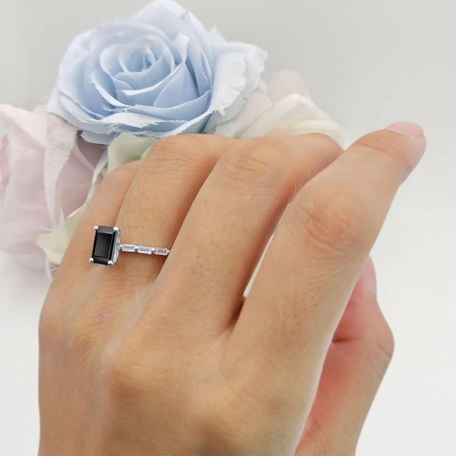 Art Deco Emerald Cut Natural Black Onyx Solitaire Vintage Style Sparkling Baguette Wedding Engagement Ring Solid 925 Sterling Silver