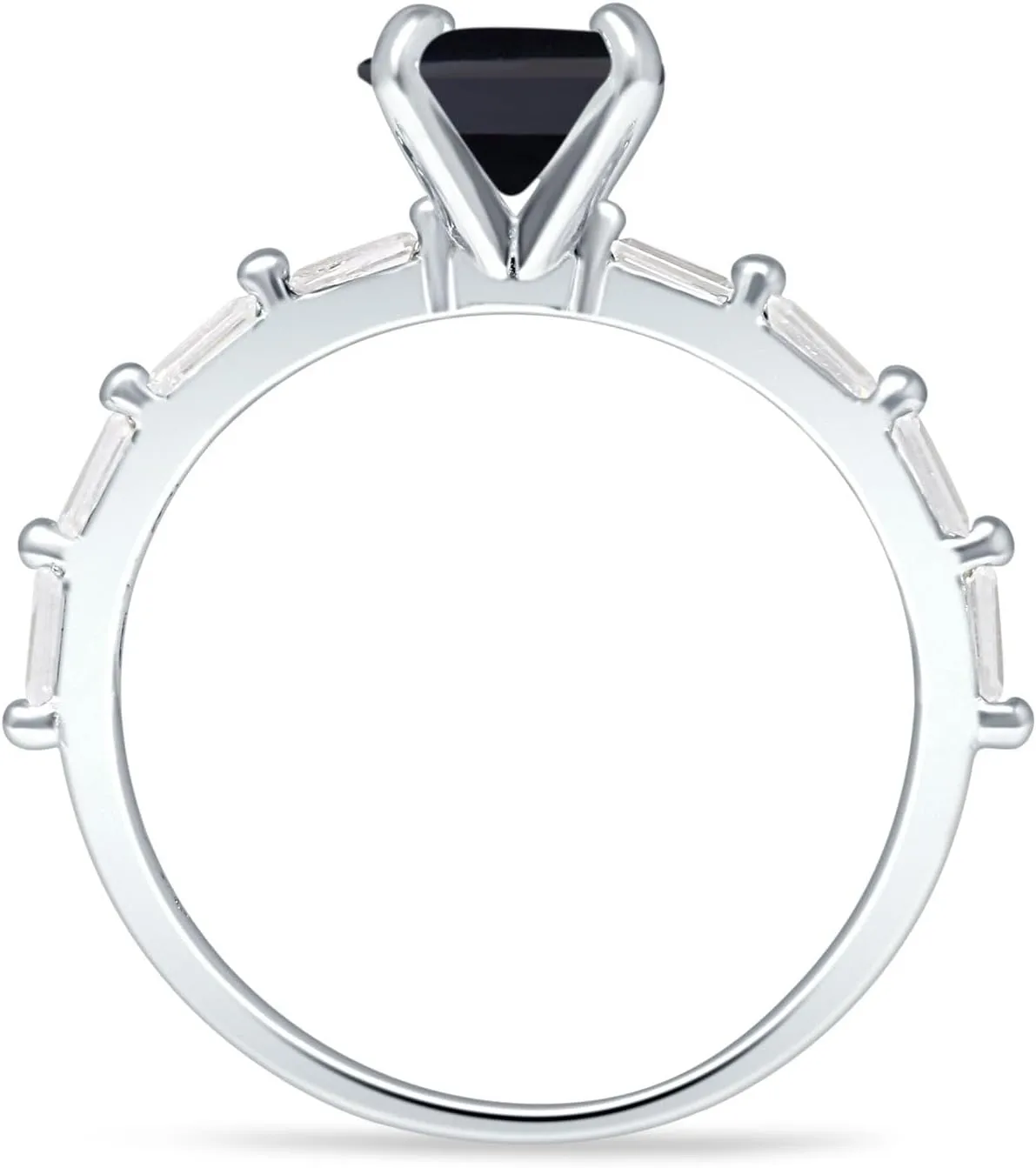 Art Deco Emerald Cut Natural Black Onyx Solitaire Vintage Style Sparkling Baguette Wedding Engagement Ring Solid 925 Sterling Silver