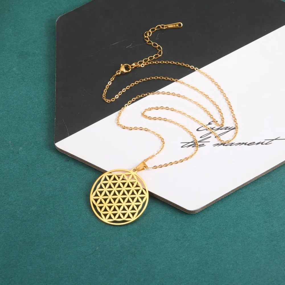 Ashore Shop Chakra Flower of Life Necklaces Women Viking Sacred Mandala Stainless Steel Chain Necklace Amulet Geometric Jewelry Gift