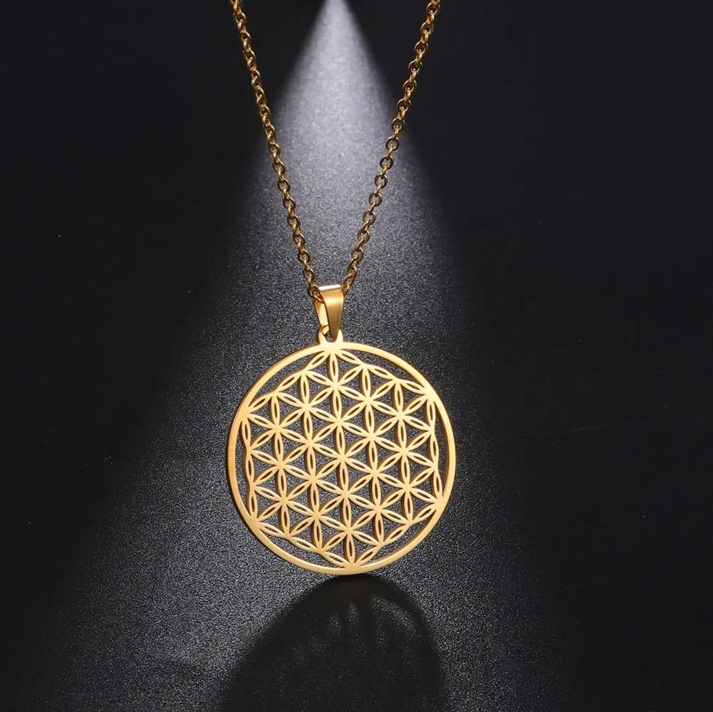 Ashore Shop Chakra Flower of Life Necklaces Women Viking Sacred Mandala Stainless Steel Chain Necklace Amulet Geometric Jewelry Gift