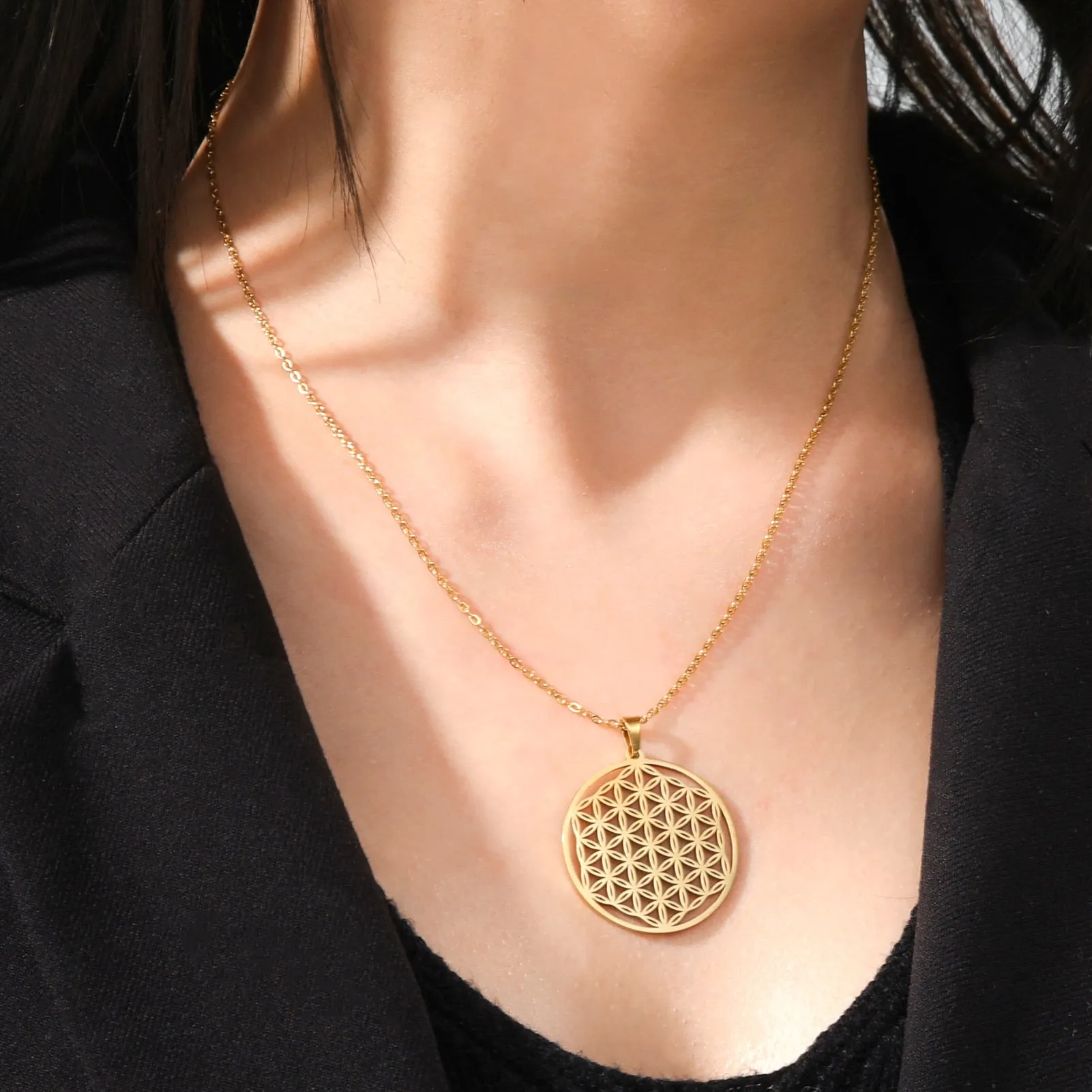 Ashore Shop Chakra Flower of Life Necklaces Women Viking Sacred Mandala Stainless Steel Chain Necklace Amulet Geometric Jewelry Gift