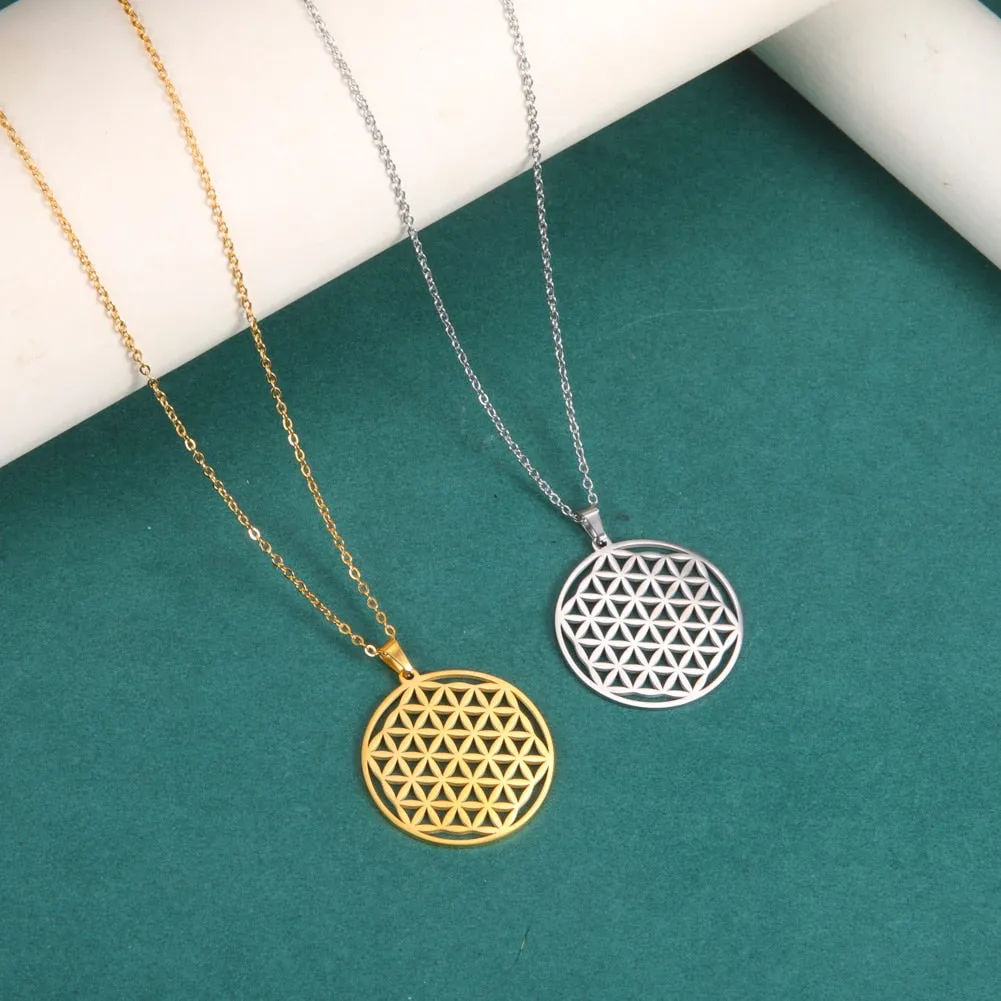 Ashore Shop Chakra Flower of Life Necklaces Women Viking Sacred Mandala Stainless Steel Chain Necklace Amulet Geometric Jewelry Gift