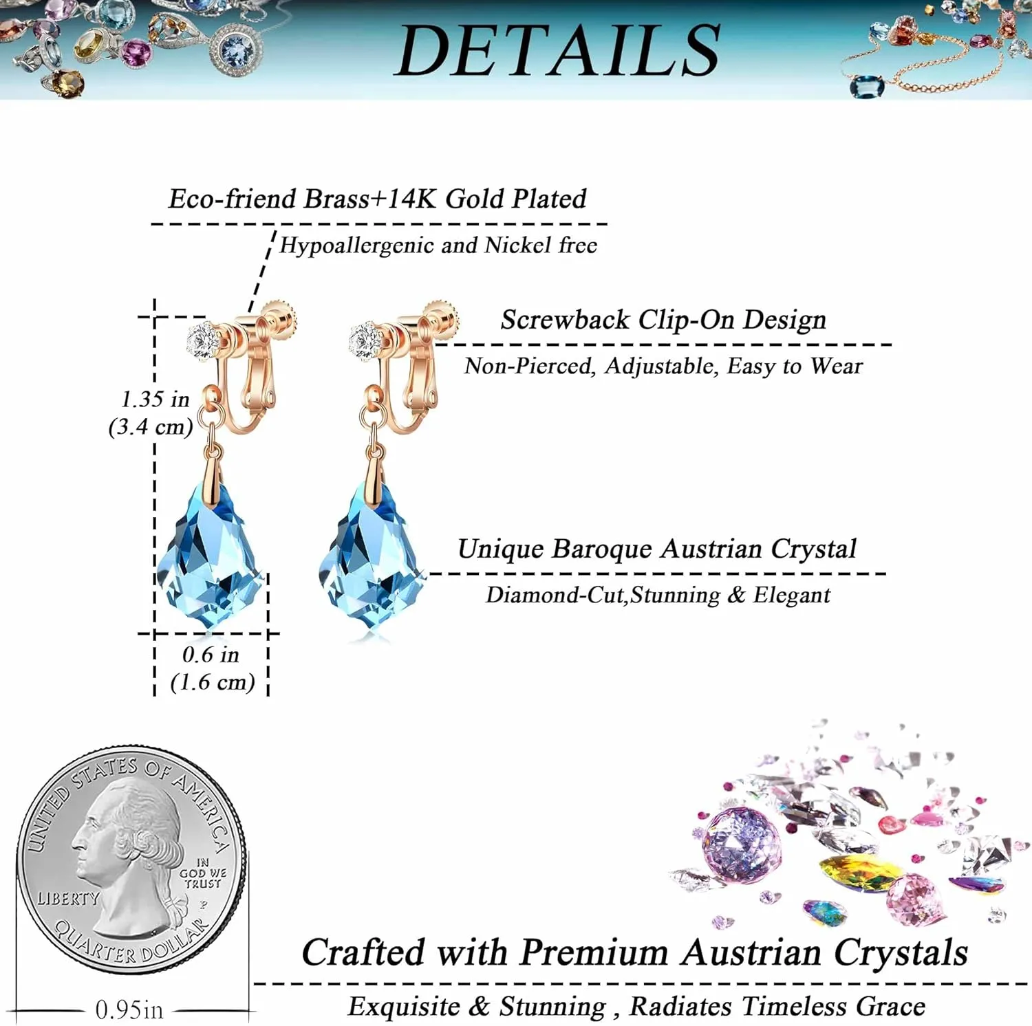 Austrian Crystal Baroque Drop Clip On Dangle Earrings for Women Non Pierced 14K Rose Gold Plated Hypoallergenic Jewelry