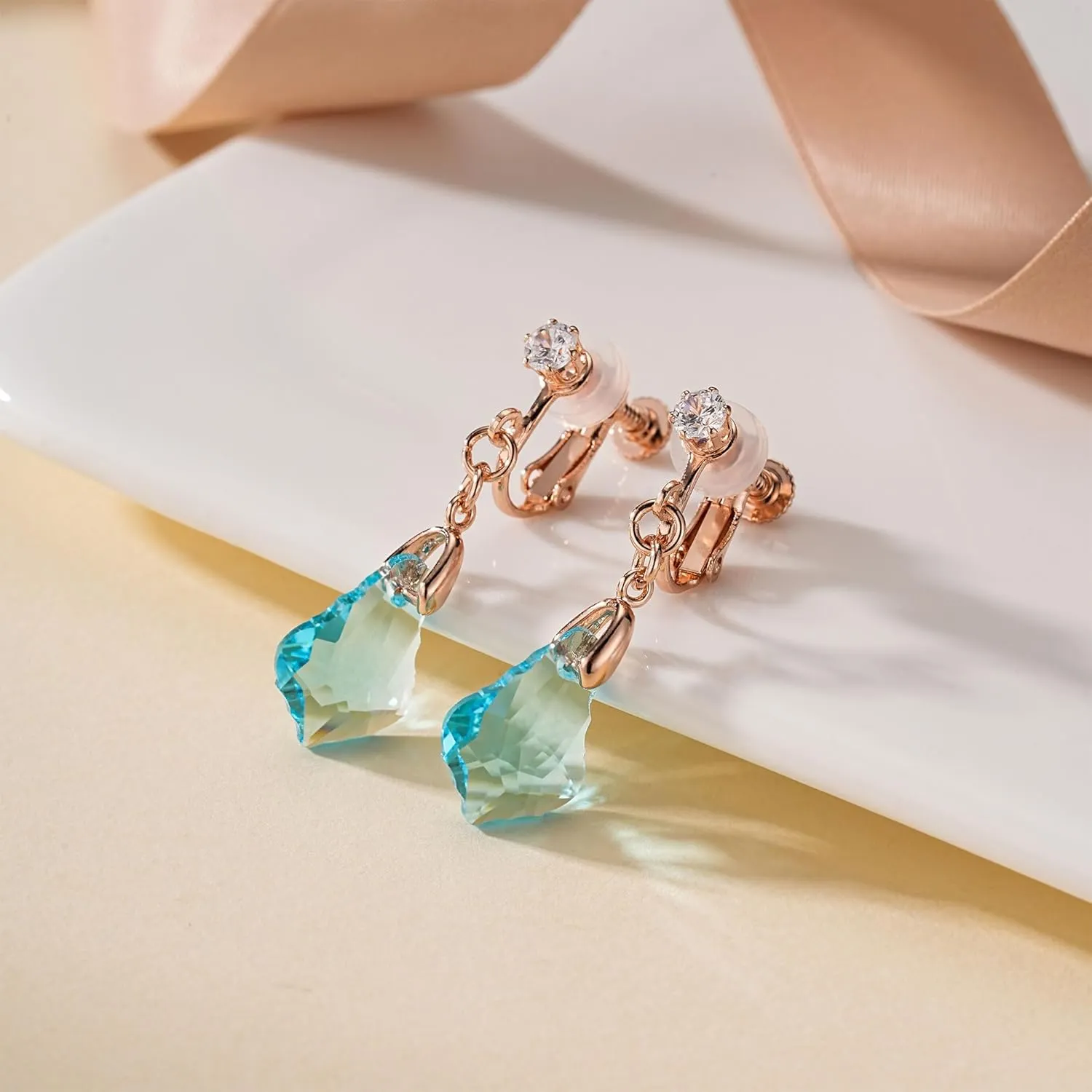 Austrian Crystal Baroque Drop Clip On Dangle Earrings for Women Non Pierced 14K Rose Gold Plated Hypoallergenic Jewelry