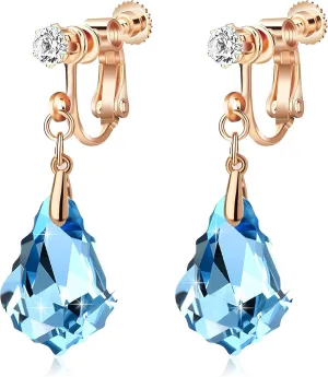 Austrian Crystal Baroque Drop Clip On Dangle Earrings for Women Non Pierced 14K Rose Gold Plated Hypoallergenic Jewelry