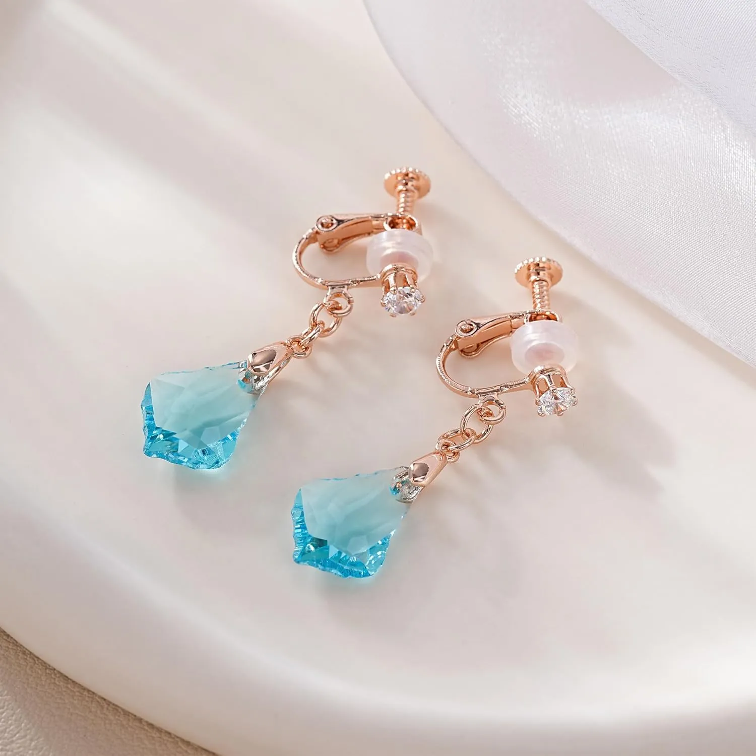 Austrian Crystal Baroque Drop Clip On Dangle Earrings for Women Non Pierced 14K Rose Gold Plated Hypoallergenic Jewelry