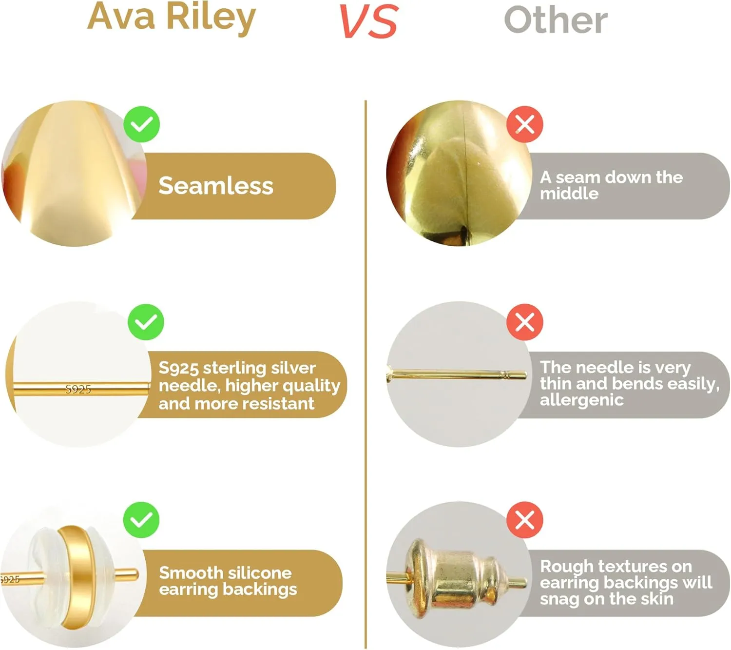 Ava Riley Chunky Gold Earrings, Small Gold Teardrop Earrings for Women, Chunky Silver Ear Studs Tear Drop S925 Sterling Silver Jewelry