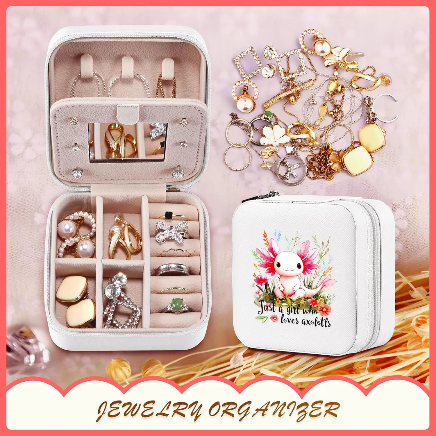 Axolotl Jewelry Box, Gifts For Teens Girls Age 8-12, Axolotl Lovers Stuff Items Accessories Things Merchandise Decor Merch, Travel Ring Earrings Necklace Organizer Holder!
