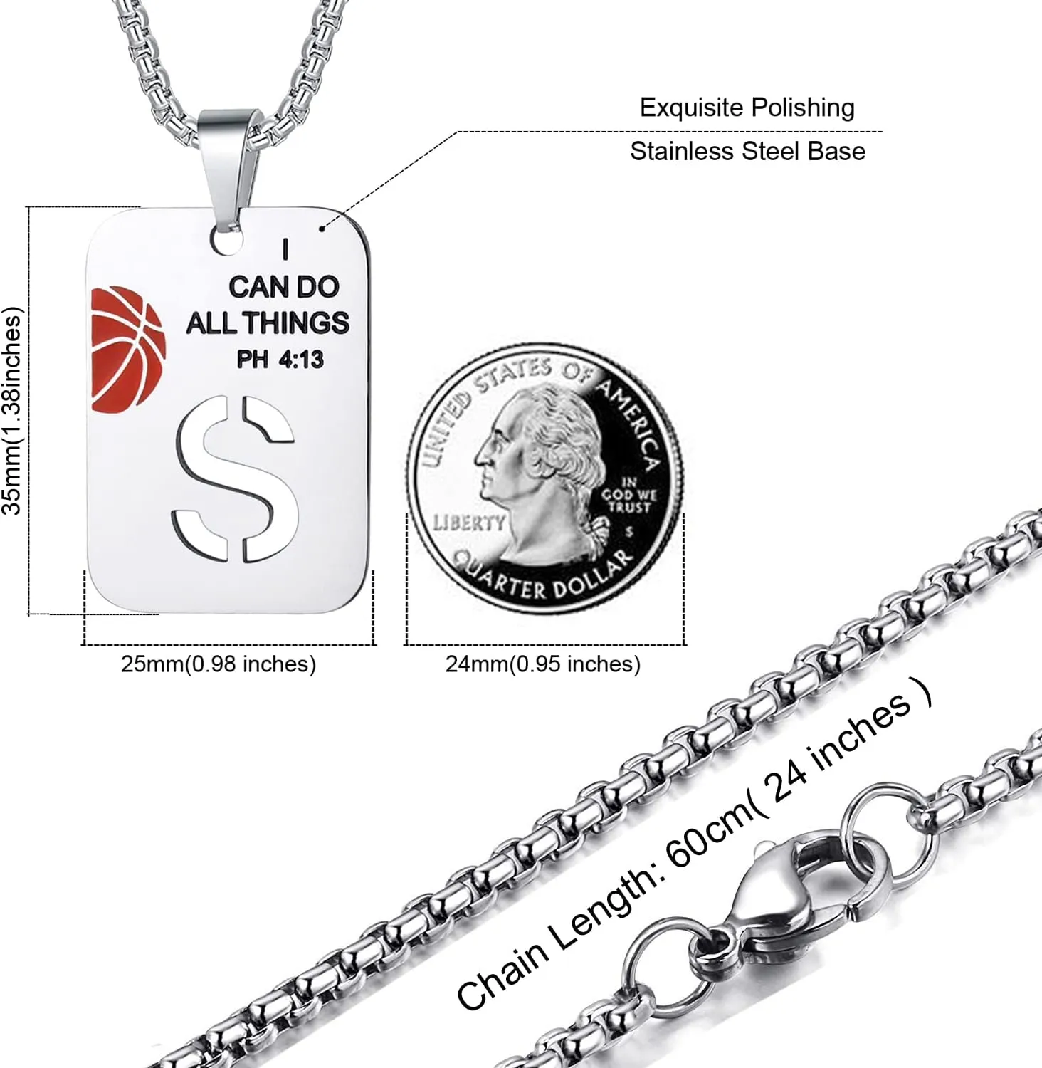Basketball Necklace for Men Initial Letter Pendant Necklace Bible Verse I CAN DO All Things Stainless Steel Sport Jewelry for Men