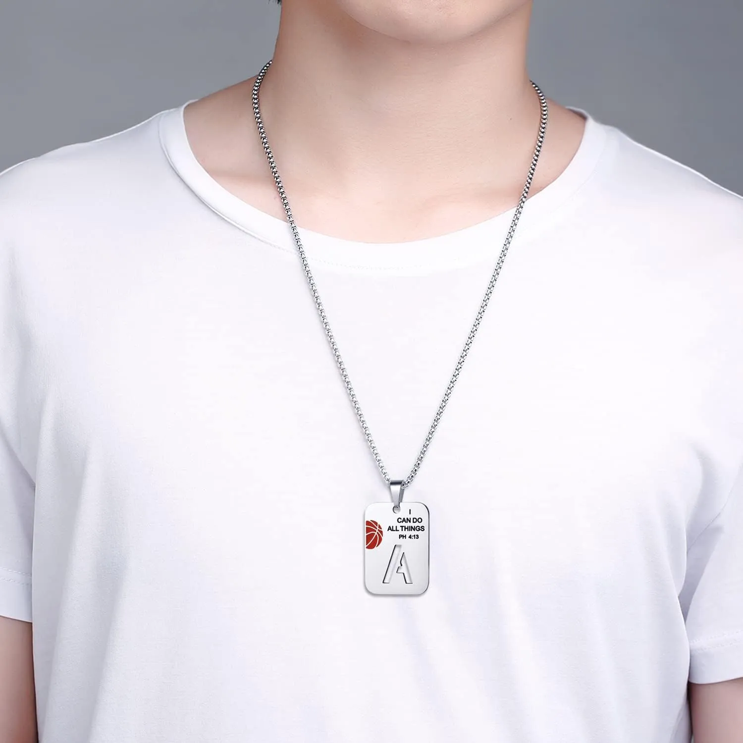 Basketball Necklace for Men Initial Letter Pendant Necklace Bible Verse I CAN DO All Things Stainless Steel Sport Jewelry for Men