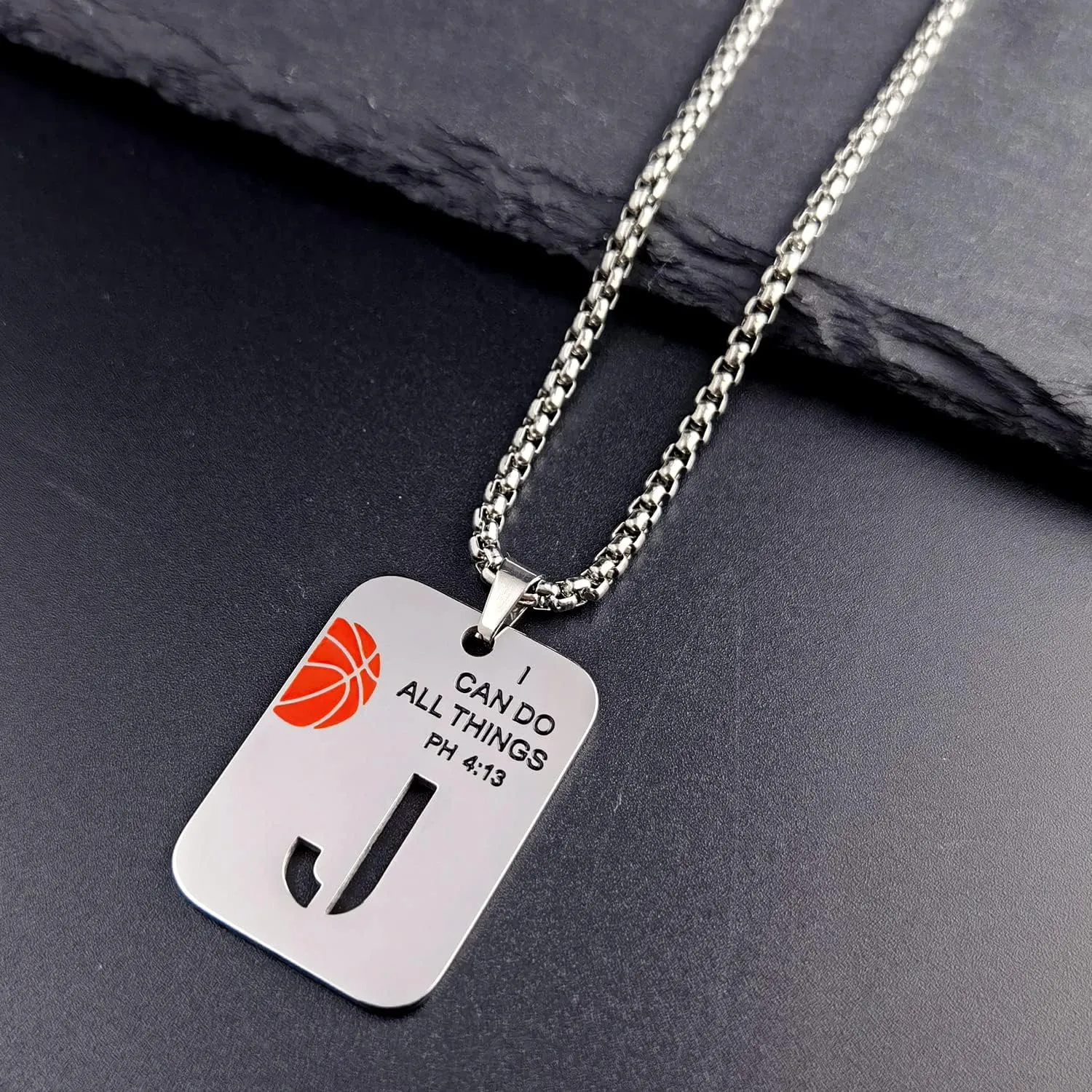 Basketball Necklace for Men Initial Letter Pendant Necklace Bible Verse I CAN DO All Things Stainless Steel Sport Jewelry for Men
