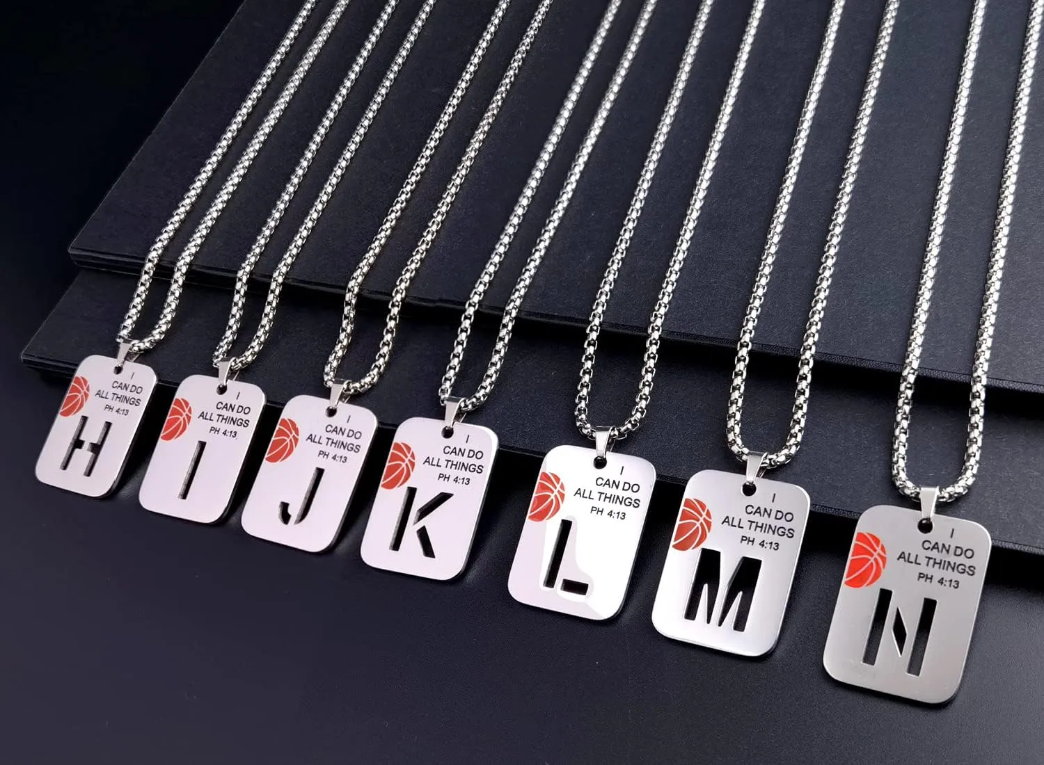 Basketball Necklace for Men Initial Letter Pendant Necklace Bible Verse I CAN DO All Things Stainless Steel Sport Jewelry for Men