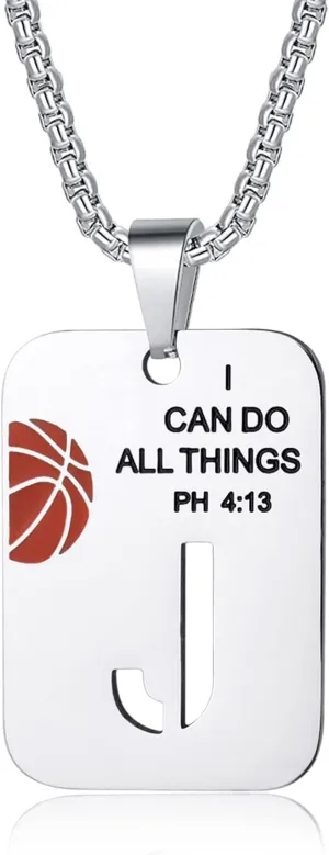 Basketball Necklace for Men Initial Letter Pendant Necklace Bible Verse I CAN DO All Things Stainless Steel Sport Jewelry for Men