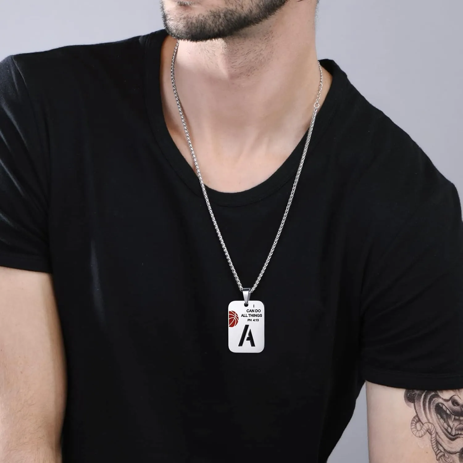 Basketball Necklace for Men Initial Letter Pendant Necklace Bible Verse I CAN DO All Things Stainless Steel Sport Jewelry for Men