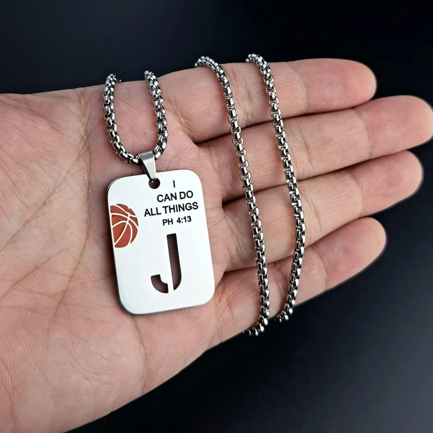 Basketball Necklace for Men Initial Letter Pendant Necklace Bible Verse I CAN DO All Things Stainless Steel Sport Jewelry for Men