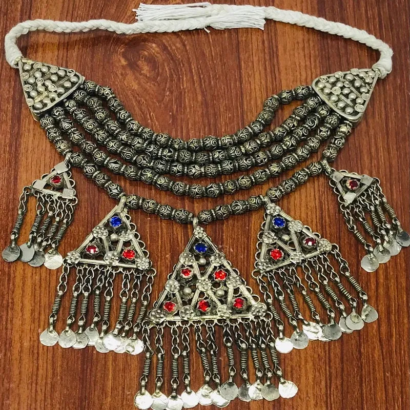 Beaded Layered With Pendants And Glass Stones Choker