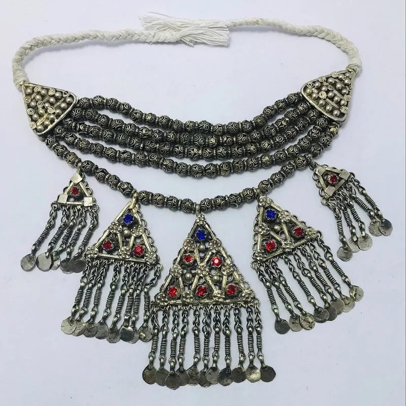 Beaded Layered With Pendants And Glass Stones Choker