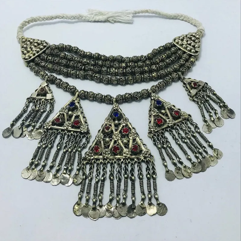 Beaded Layered With Pendants And Glass Stones Choker