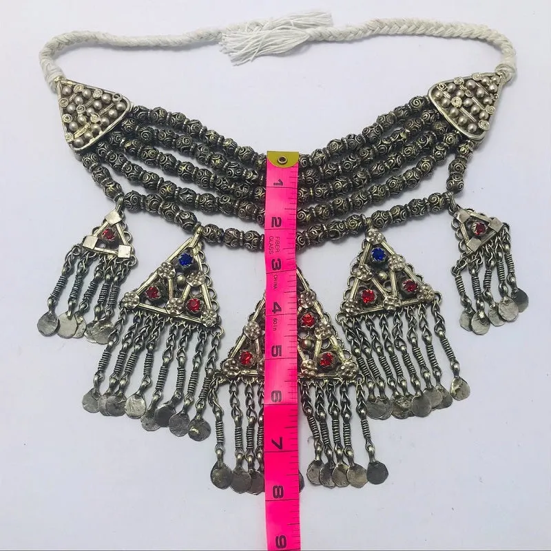 Beaded Layered With Pendants And Glass Stones Choker