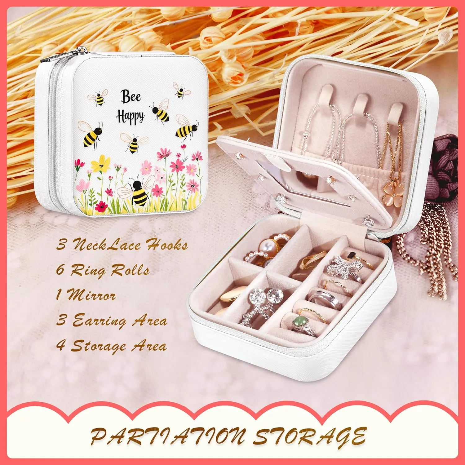 Bee Jewelry Box, Gifts For Women Teens Girls Age 8-12, Bumble Bee Lovers Themed Stuff Items Accessories Things Merchandise Decor Merch, Travel Ring Earrings Necklace Organizer Holder!