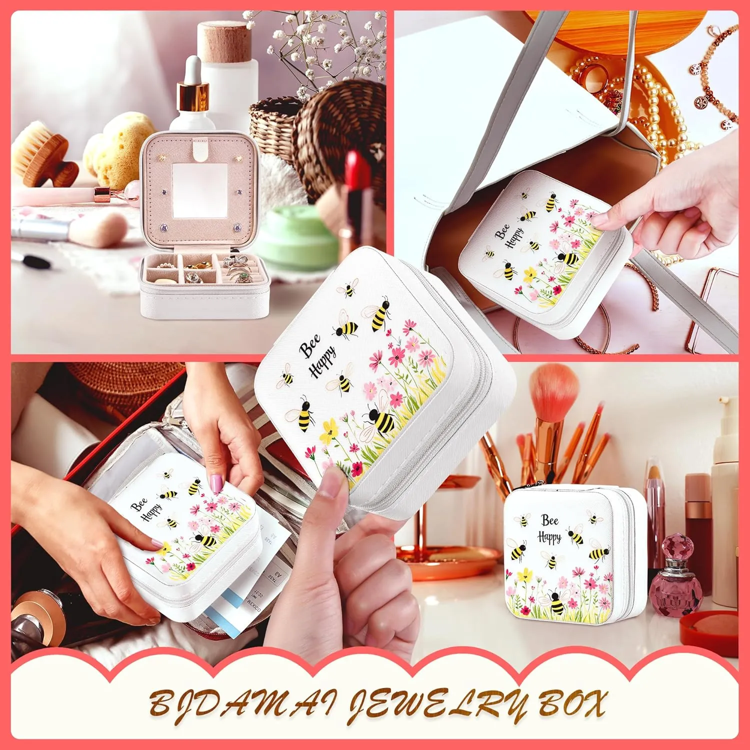 Bee Jewelry Box, Gifts For Women Teens Girls Age 8-12, Bumble Bee Lovers Themed Stuff Items Accessories Things Merchandise Decor Merch, Travel Ring Earrings Necklace Organizer Holder!
