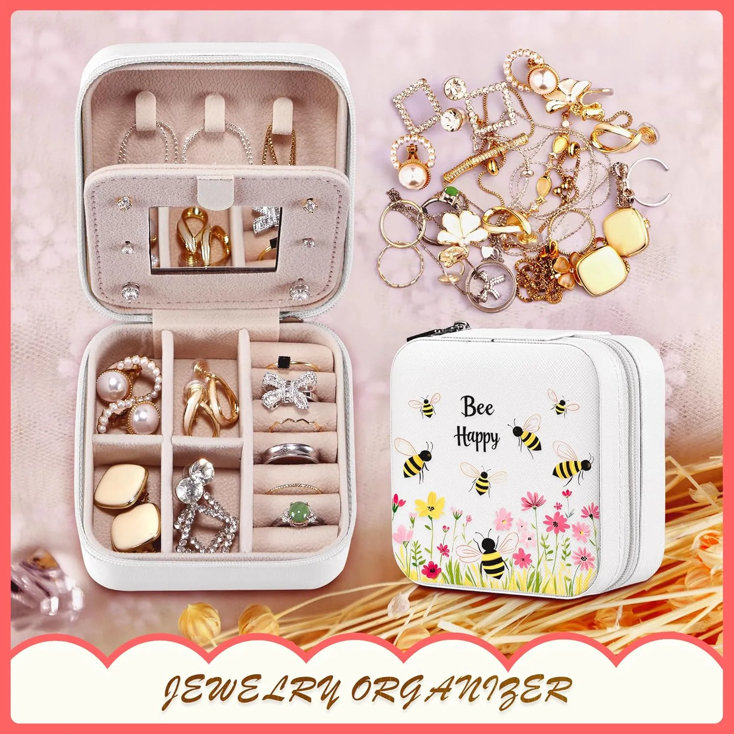 Bee Jewelry Box, Gifts For Women Teens Girls Age 8-12, Bumble Bee Lovers Themed Stuff Items Accessories Things Merchandise Decor Merch, Travel Ring Earrings Necklace Organizer Holder!