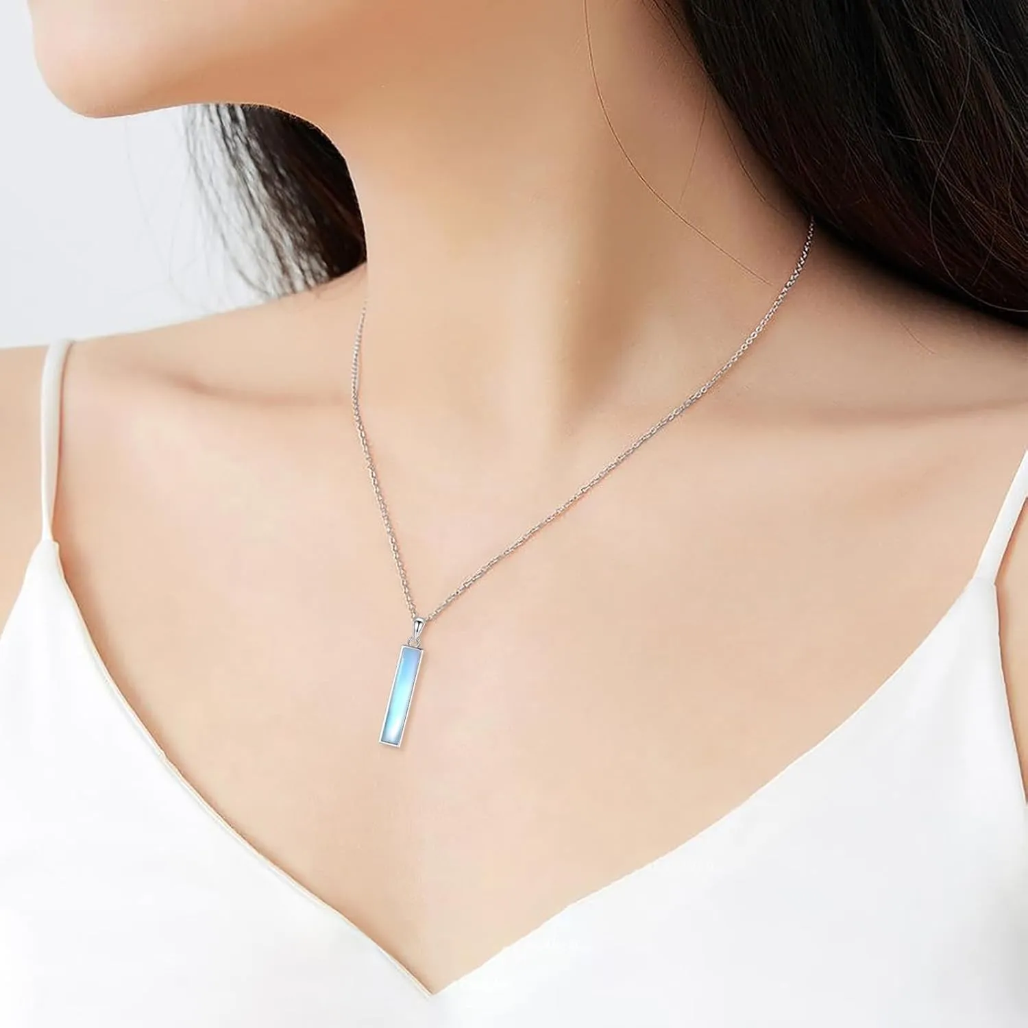 BEILIN Urn Necklaces for Ashes Sterling Silver Vertidal Bar Pendant Necklace Cube Memorial Ashes Necklace Opal Cremation Urn Pendant for Women