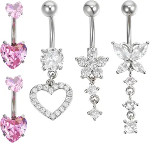 Belly Button Rings for Women, 5-Pack Dangle Butterfly Heart Stainless Steel Belly Ring Diamond Navel Piercing Jewelry, Anti-sensitive Womens Accessory