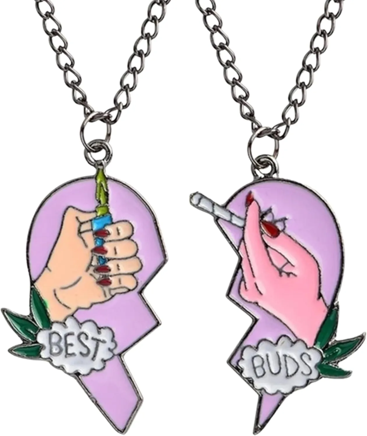 Best Buds Necklace Weed Stoner Necklace, Broken Half Heart Shaped, Matching Bff For 2 Friendship 420, Marijuana, Besties Love BFF Forever, Y2K, trendy cool necklace, Set of 2