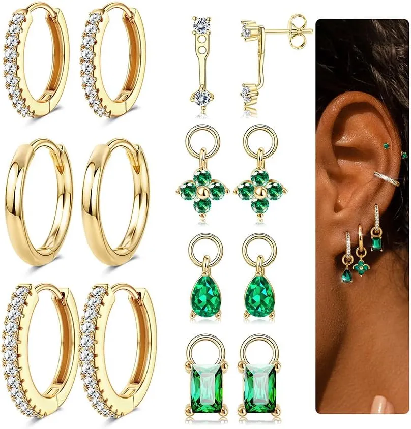 Besteel Small Gold Hoop Earrings for Women  Hypoallergenic 14K Gold Plated Hoops Cartilage Earring Sets for Multiple Piercing Dainty Silver Huggie Stud Earring Stacks with Charm