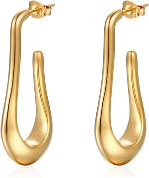 Bi&Yamigeo U Shaped Hoop Stud Earrings 18K Gold Plated Elongated Metal Teardrop Drop Dangle Half Open Huggie Jewelry for Women
