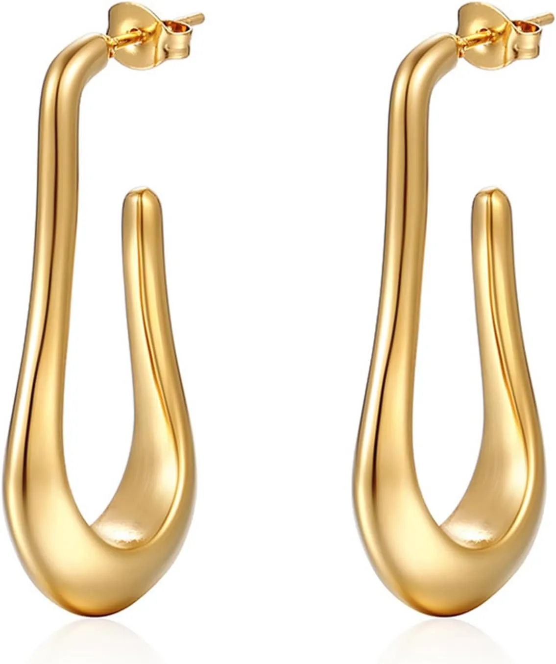 Bi&Yamigeo U Shaped Hoop Stud Earrings 18K Gold Plated Elongated Metal Teardrop Drop Dangle Half Open Huggie Jewelry for Women
