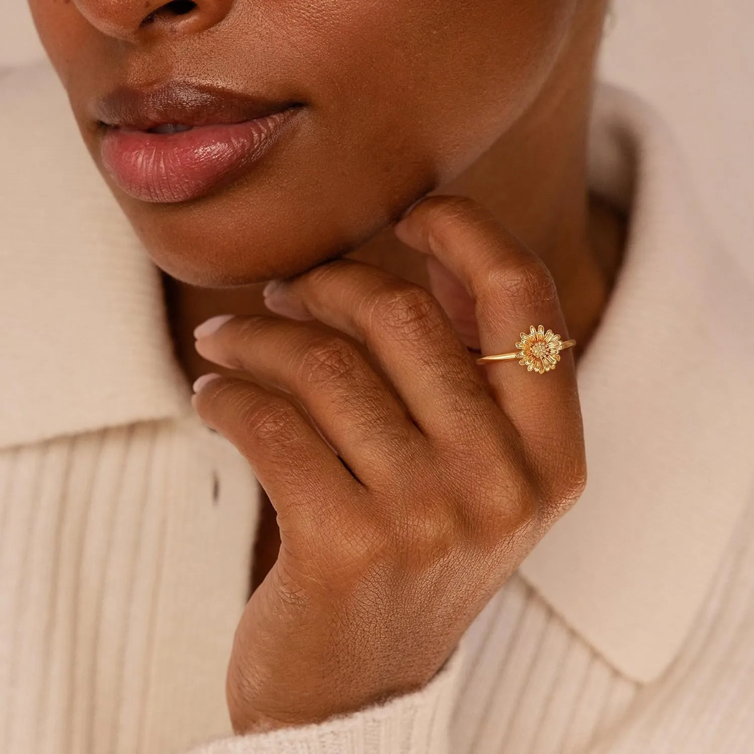 Birth Flower Ring for Women 14K Gold Plated Floral Minimalist Stackable Finger Jewelry Birthday Gifts