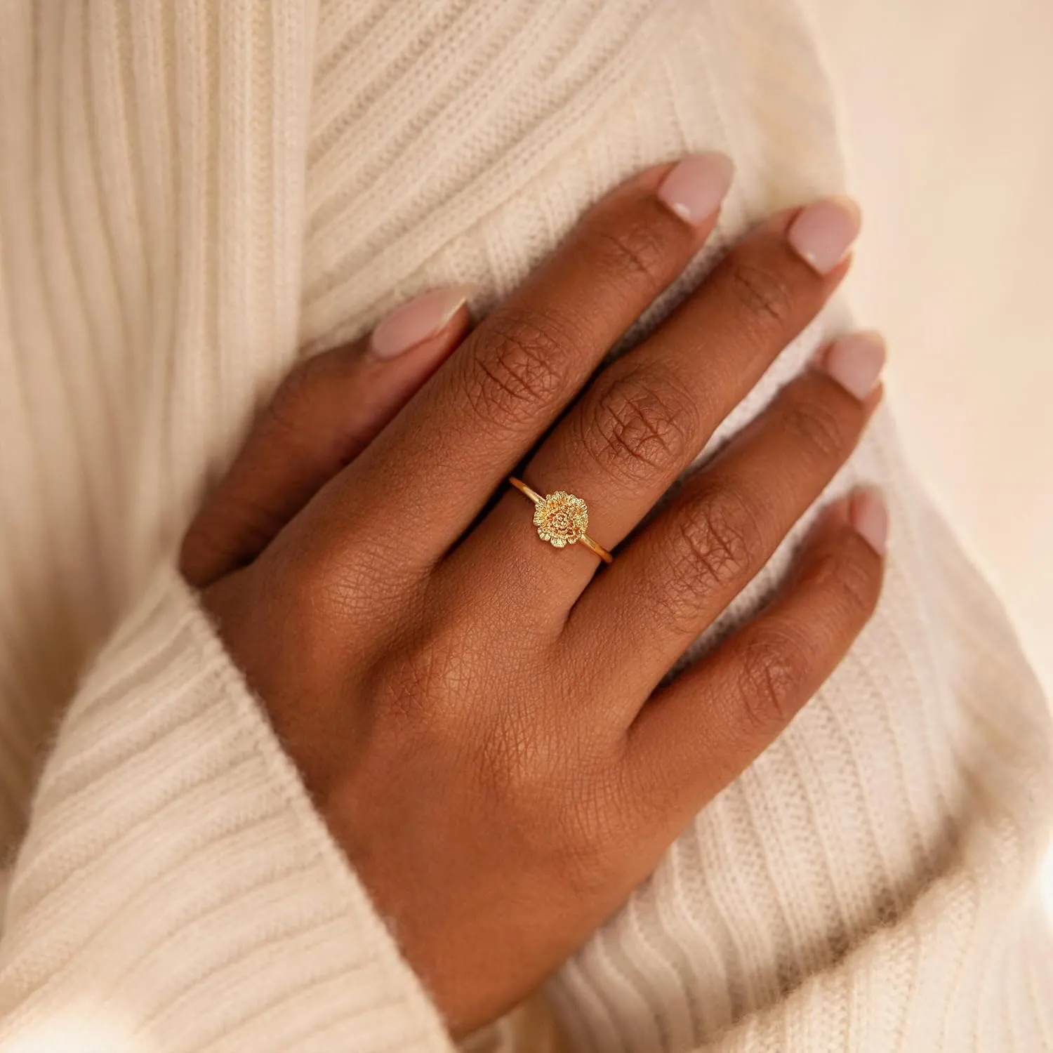 Birth Flower Ring for Women 14K Gold Plated Floral Minimalist Stackable Finger Jewelry Birthday Gifts