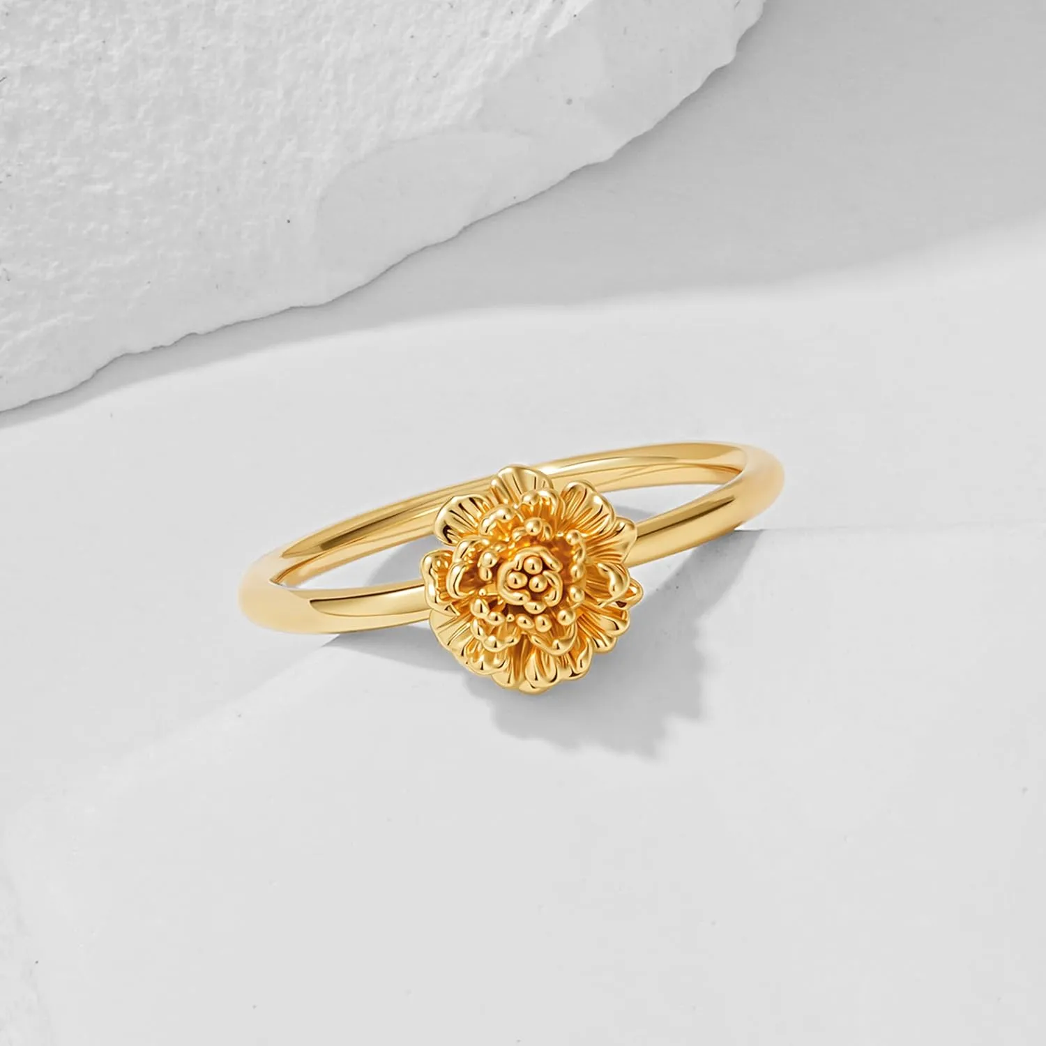 Birth Flower Ring for Women 14K Gold Plated Floral Minimalist Stackable Finger Jewelry Birthday Gifts