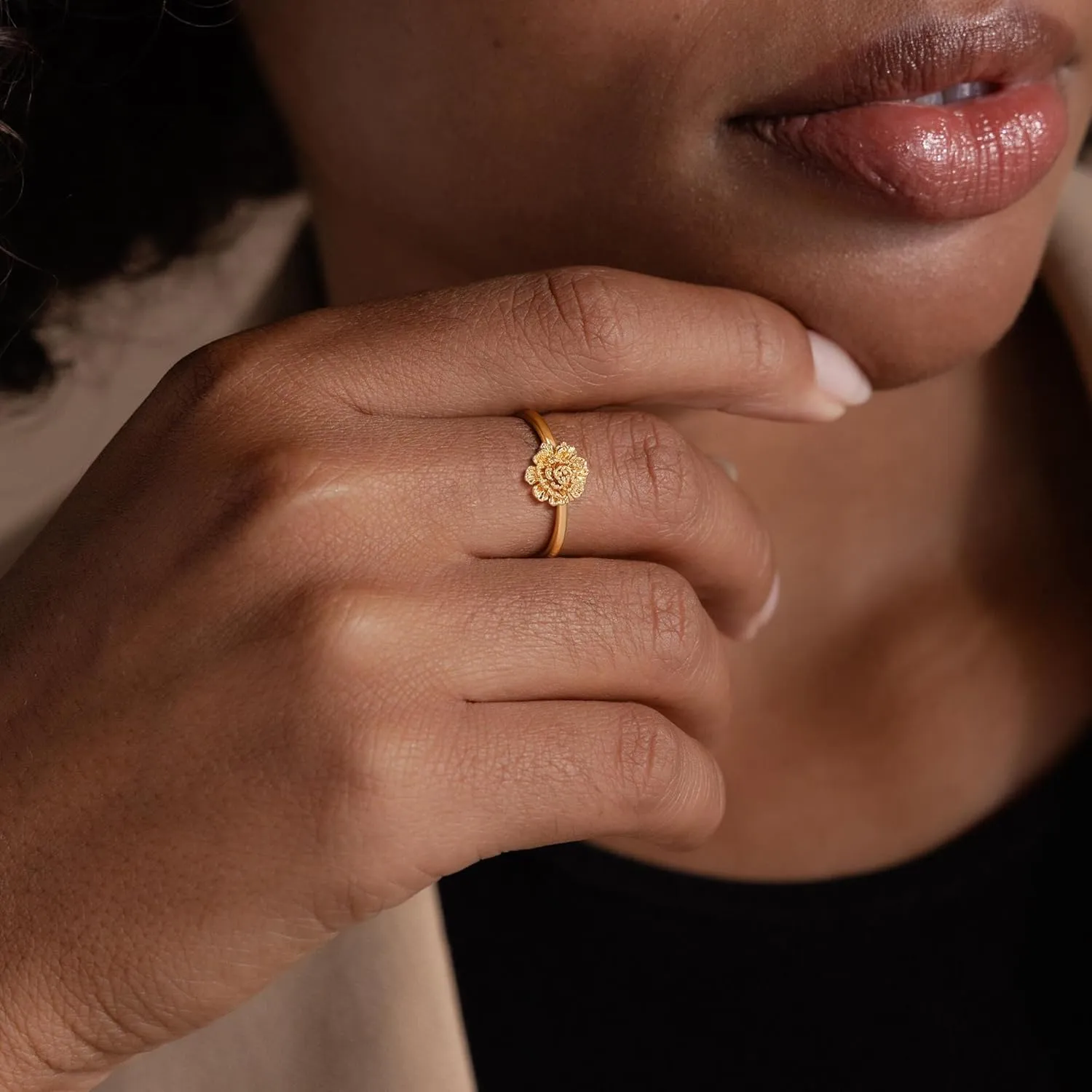 Birth Flower Ring for Women 14K Gold Plated Floral Minimalist Stackable Finger Jewelry Birthday Gifts
