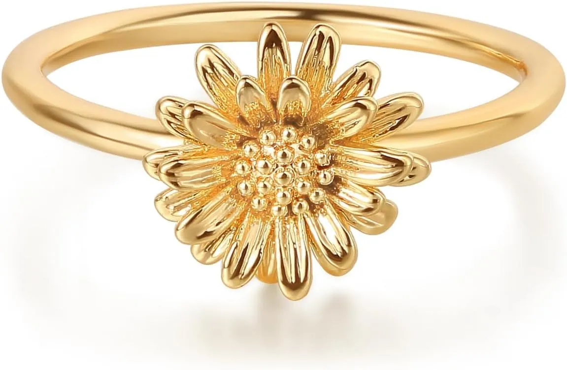 Birth Flower Ring for Women 14K Gold Plated Floral Minimalist Stackable Finger Jewelry Birthday Gifts