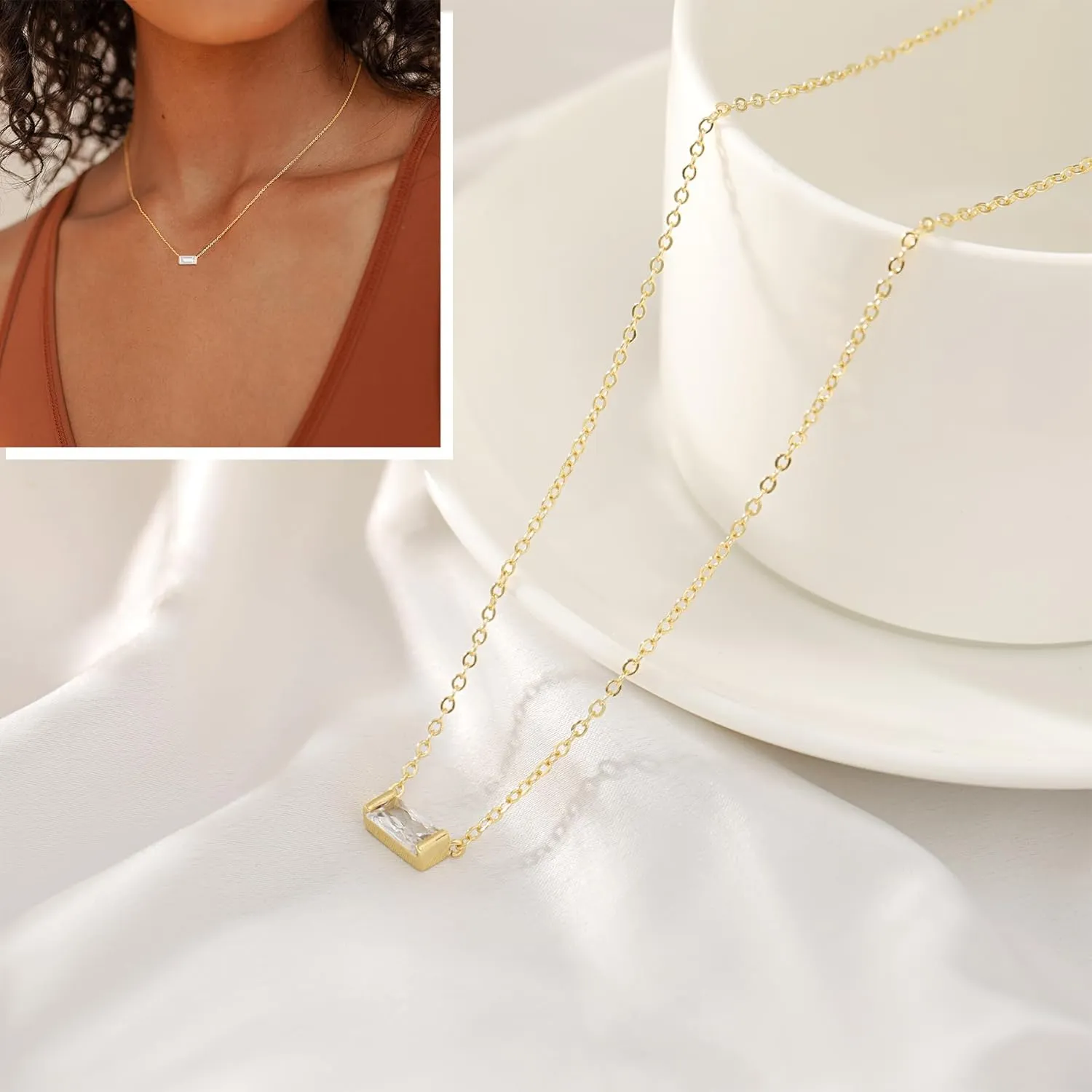 Birthstone Necklace for Women Dainty Trendy 14K Gold Plated Emerald Couple Necklaces Simple Green Diamond Pendant Choker Blue Cute Cubic Zirconia Jewelry for Women Mothers Birthday Gifts
