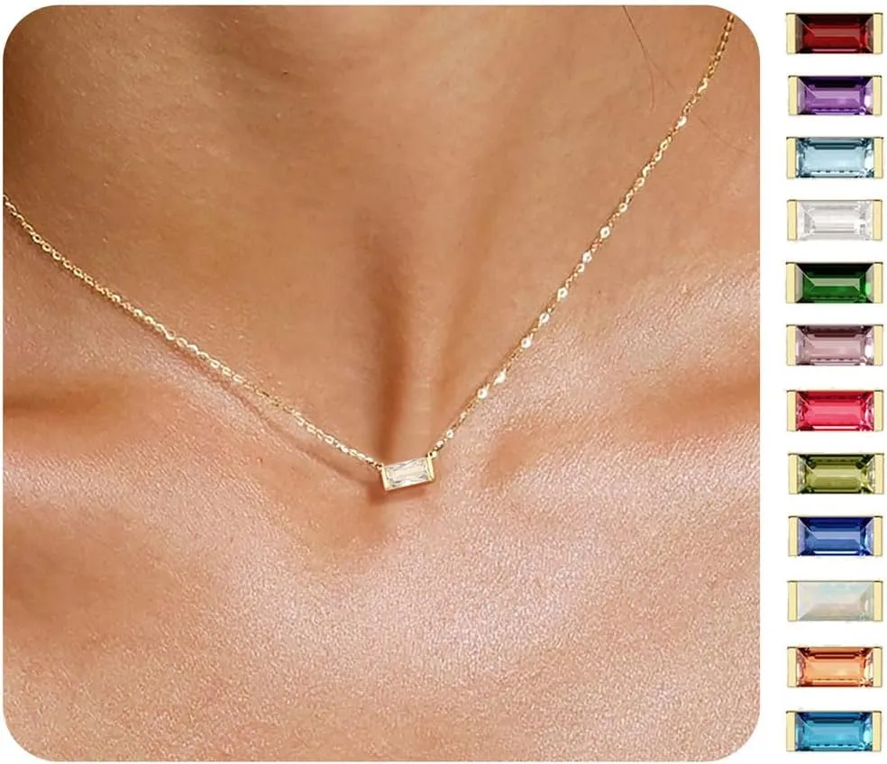 Birthstone Necklace for Women Dainty Trendy 14K Gold Plated Emerald Couple Necklaces Simple Green Diamond Pendant Choker Blue Cute Cubic Zirconia Jewelry for Women Mothers Birthday Gifts