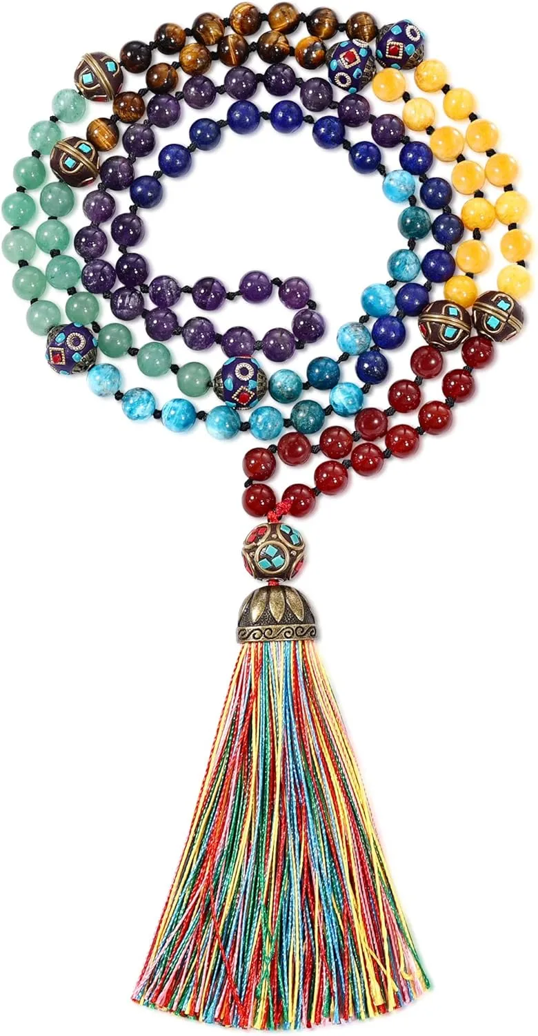 Bivei 108 Mala Beads Bracelet Real Gemstone Yoga Pendants Meditation Hand Knotted Mala Prayer Necklace