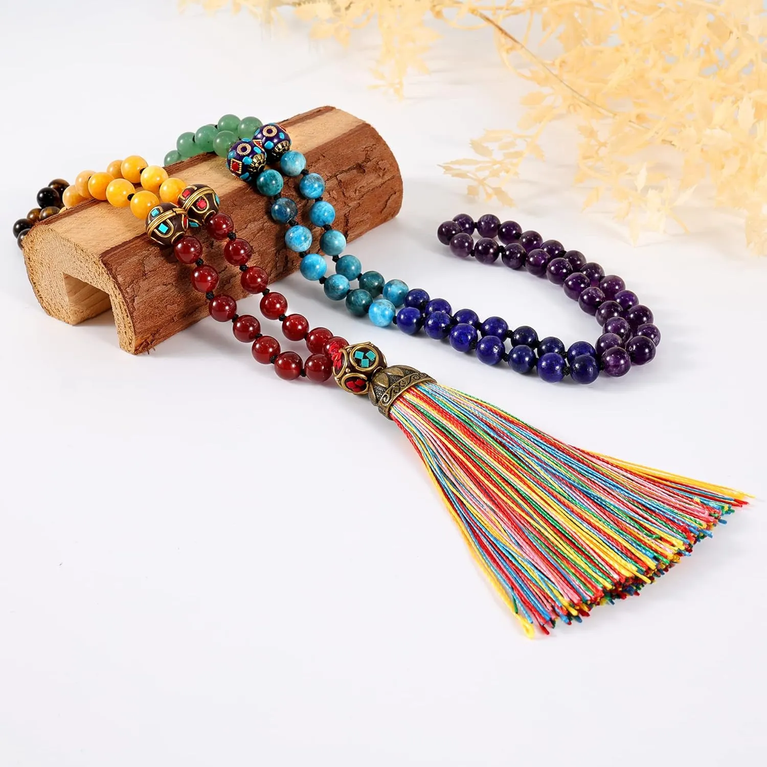 Bivei 108 Mala Beads Bracelet Real Gemstone Yoga Pendants Meditation Hand Knotted Mala Prayer Necklace