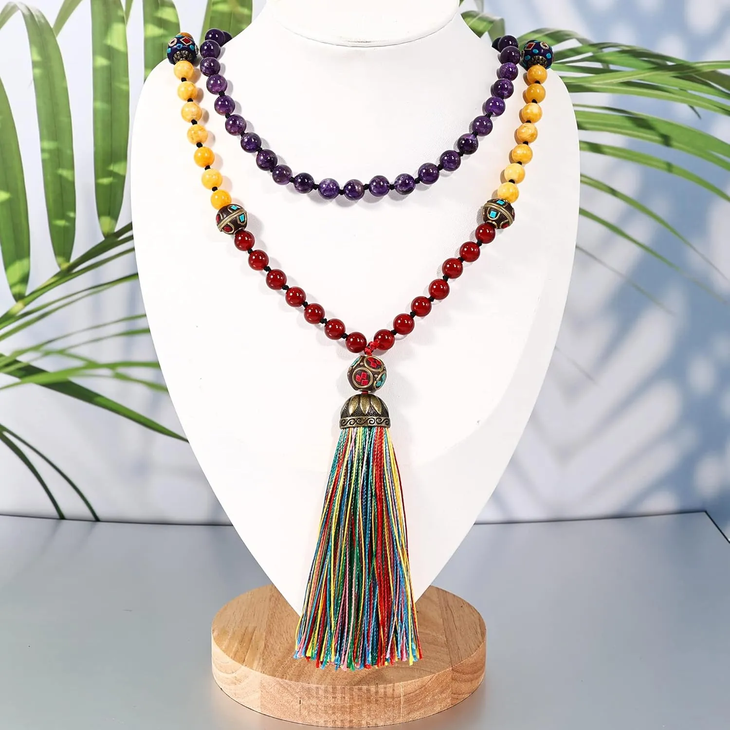 Bivei 108 Mala Beads Bracelet Real Gemstone Yoga Pendants Meditation Hand Knotted Mala Prayer Necklace