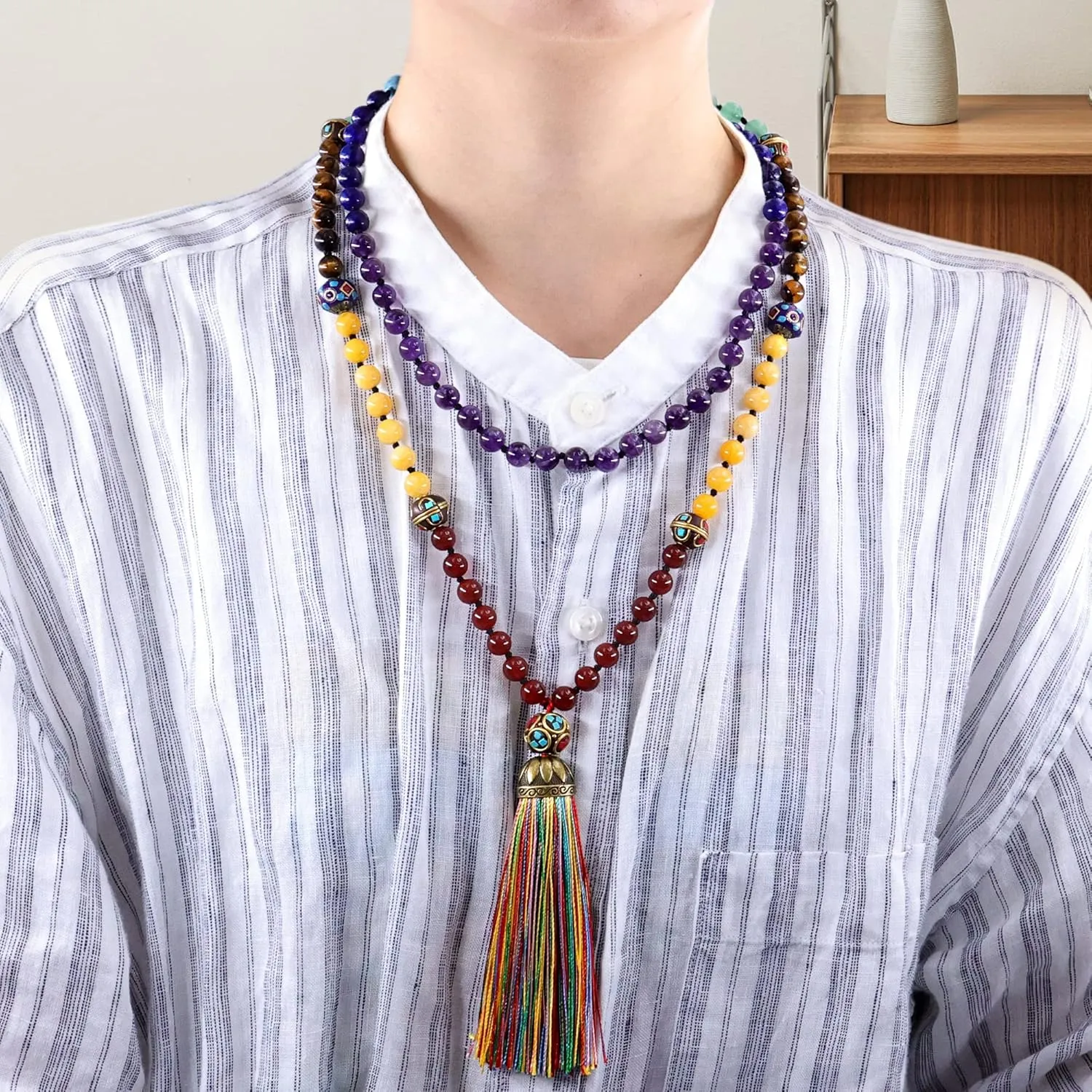 Bivei 108 Mala Beads Bracelet Real Gemstone Yoga Pendants Meditation Hand Knotted Mala Prayer Necklace