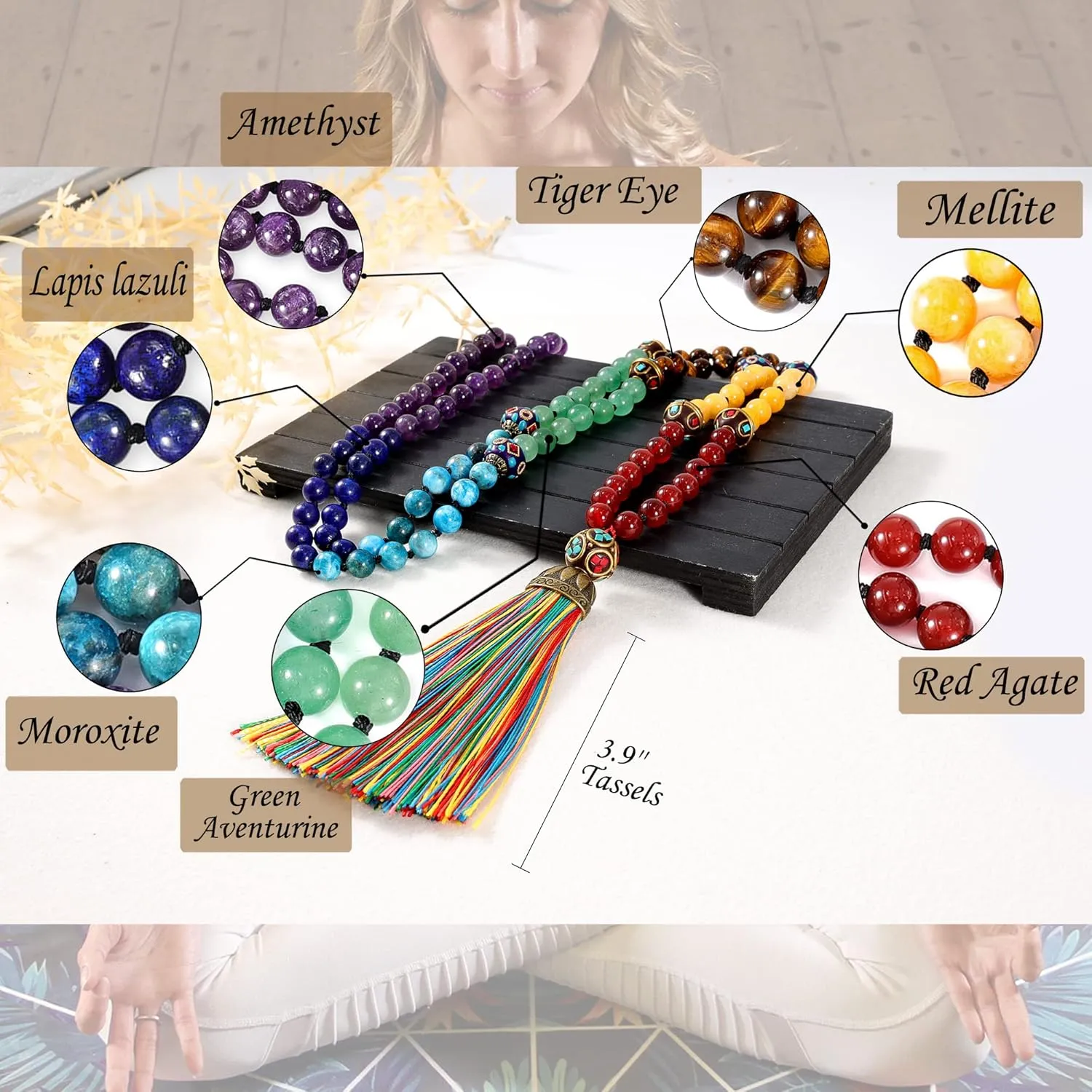 Bivei 108 Mala Beads Bracelet Real Gemstone Yoga Pendants Meditation Hand Knotted Mala Prayer Necklace