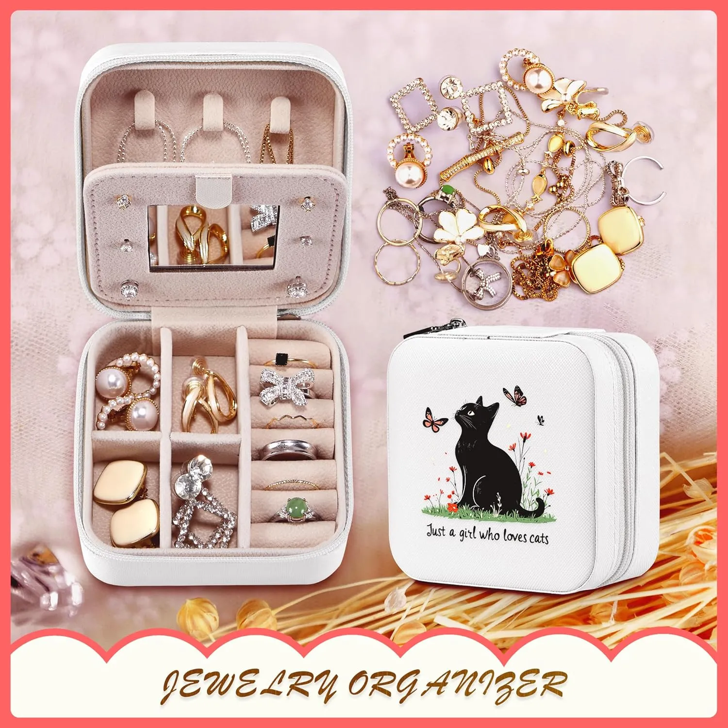 Black Cat Jewelry Box, Gifts For Women Teens Girls Age 8-12, Black Cat Lovers Themed Stuff Items Accessories Merchandise Decor Merch, Travel Ring Earrings Necklace Organizer Holder!