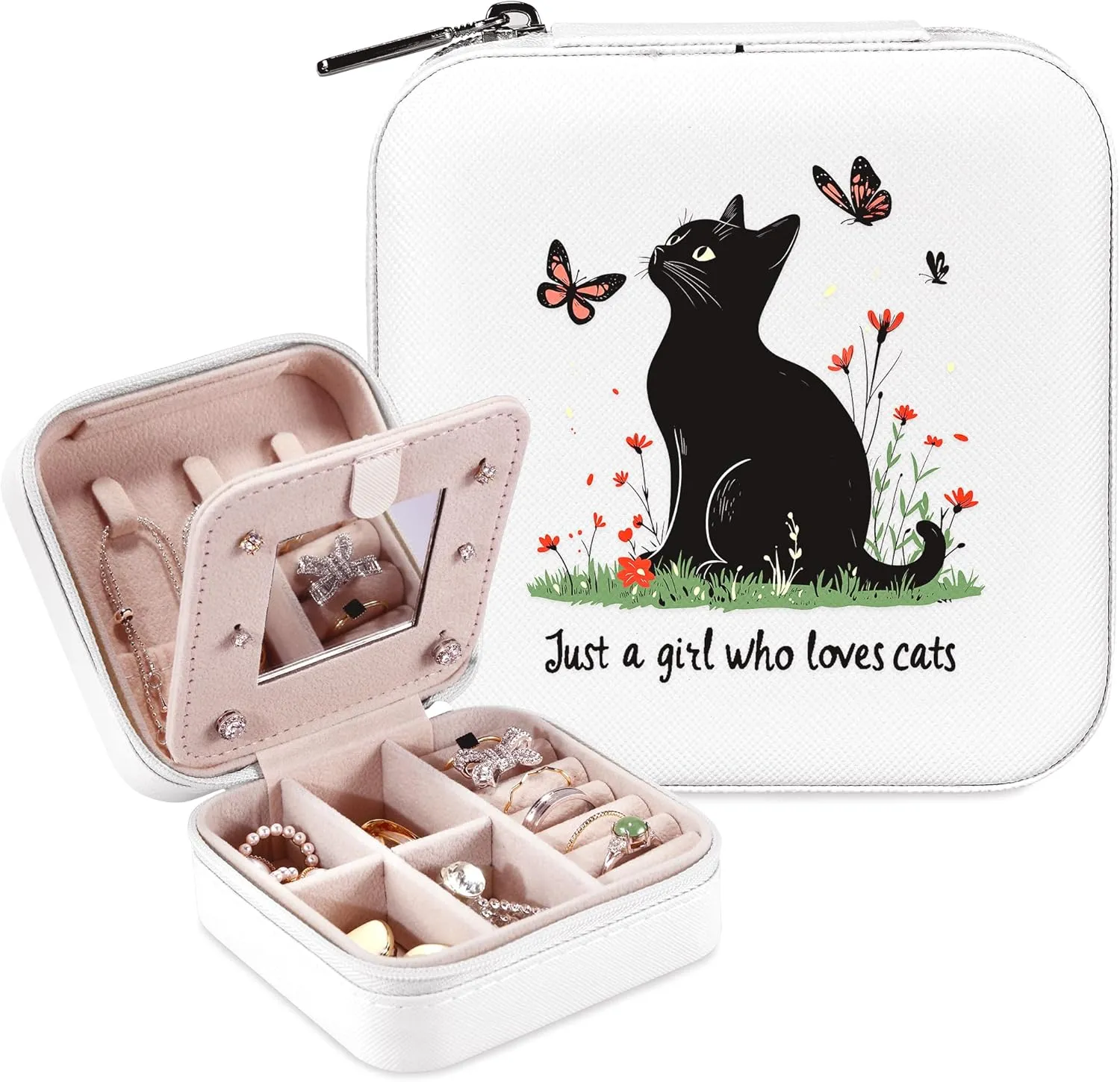 Black Cat Jewelry Box, Gifts For Women Teens Girls Age 8-12, Black Cat Lovers Themed Stuff Items Accessories Merchandise Decor Merch, Travel Ring Earrings Necklace Organizer Holder!