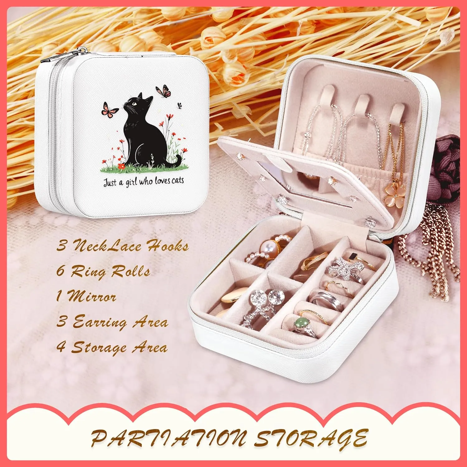 Black Cat Jewelry Box, Gifts For Women Teens Girls Age 8-12, Black Cat Lovers Themed Stuff Items Accessories Merchandise Decor Merch, Travel Ring Earrings Necklace Organizer Holder!