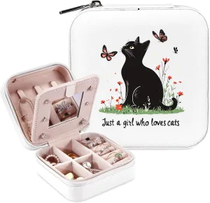 Black Cat Jewelry Box, Gifts For Women Teens Girls Age 8-12, Black Cat Lovers Themed Stuff Items Accessories Merchandise Decor Merch, Travel Ring Earrings Necklace Organizer Holder!