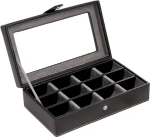 Black Genuine Leather 12 Slot Ring and Cufflink Storage Organization Jewelry Box with Glass Display