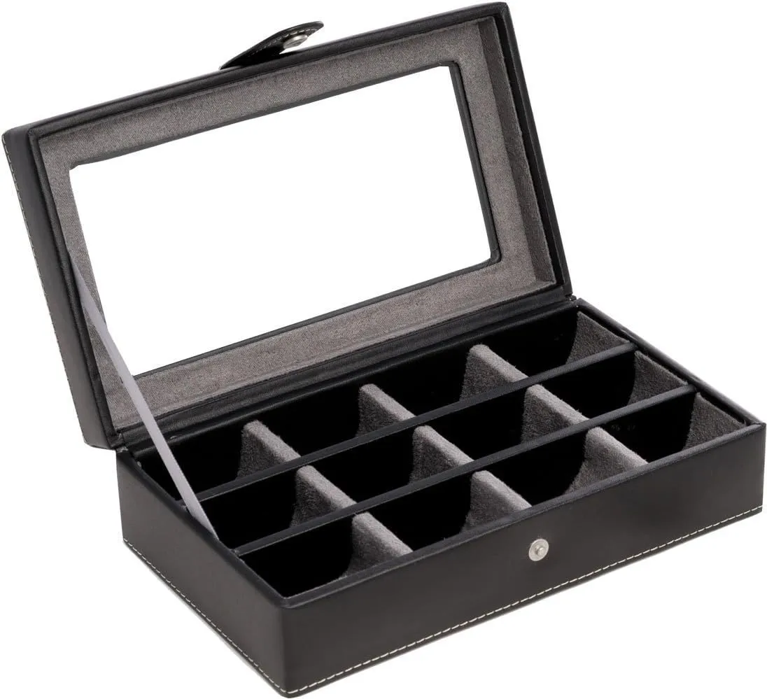 Black Genuine Leather 12 Slot Ring and Cufflink Storage Organization Jewelry Box with Glass Display